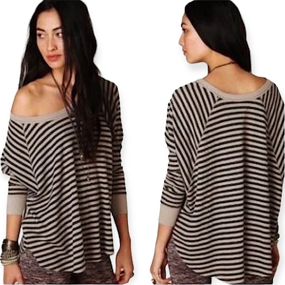 Free People long sleeve tan & black striped love bug thermal shirt size S